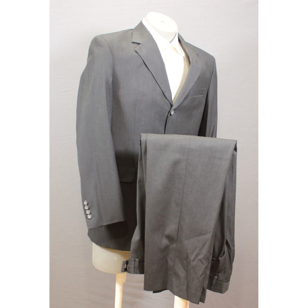 Retro 2 Pc Suit Mens 43 Black Striped 3 Btn Polyester Blend 40R Flat Fronts 31 W